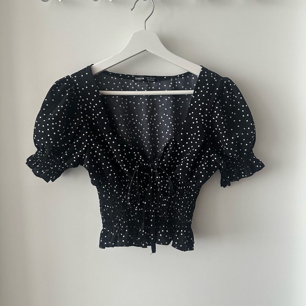 Black Polka Dot Puff Sleeve Top